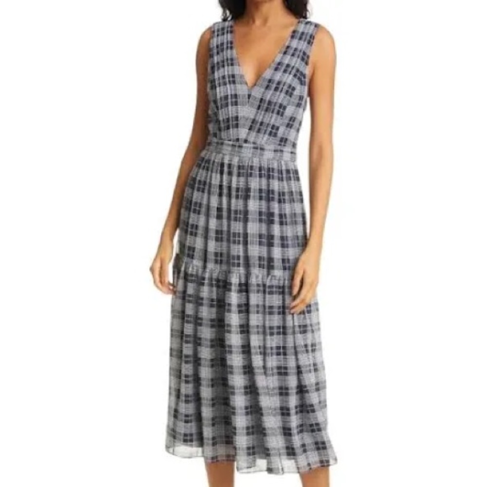 Ralph Lauren Club Monaco cross back rose plaid tiered midi dress size 4